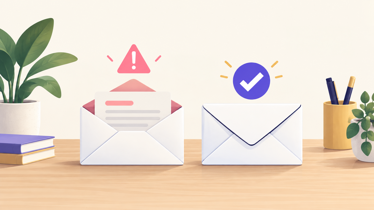 Illustration of two envelopes, one marked with a warning sign and one with a check mark