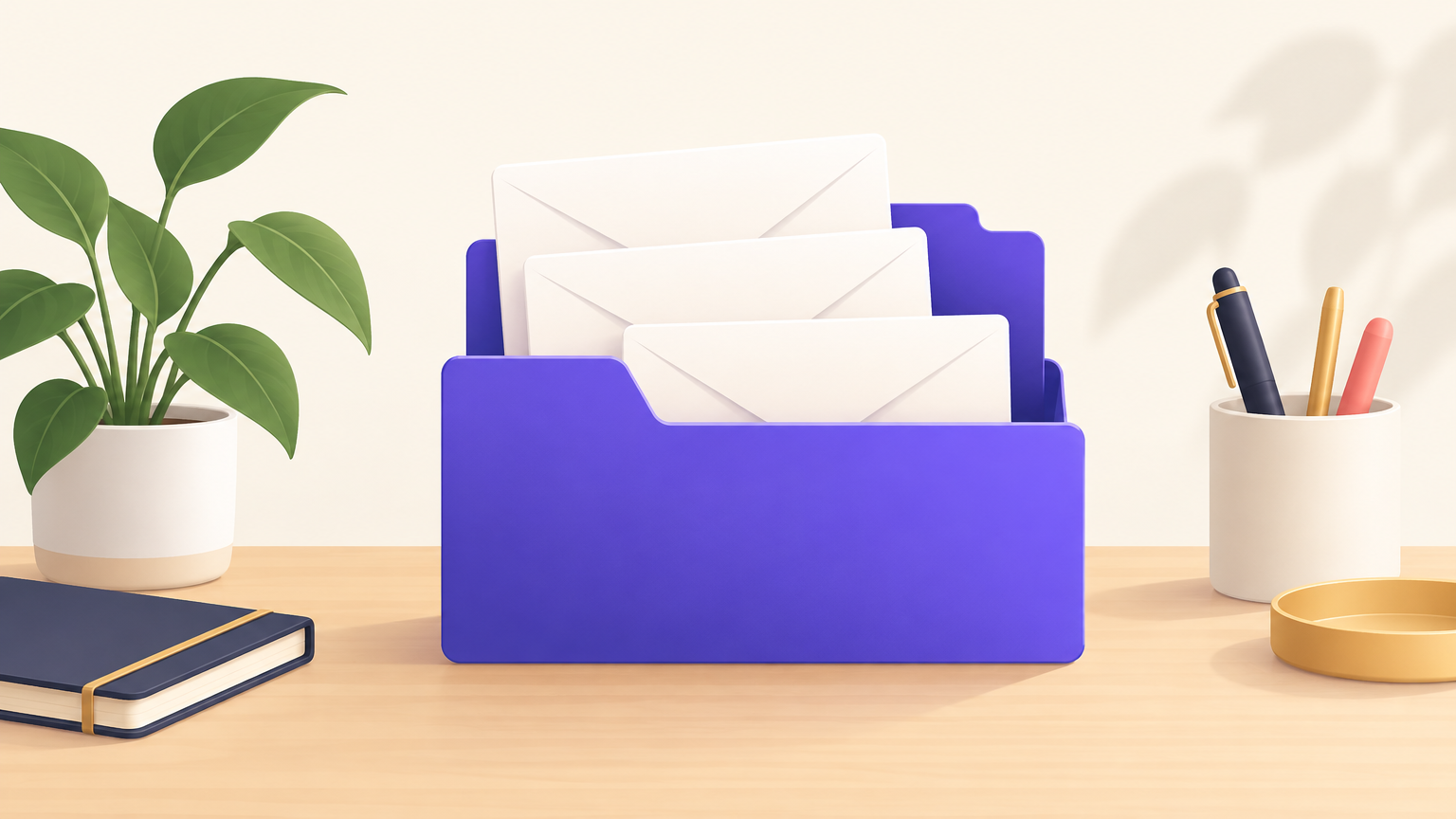 Illustration of a folder holding blank email cards on a desk