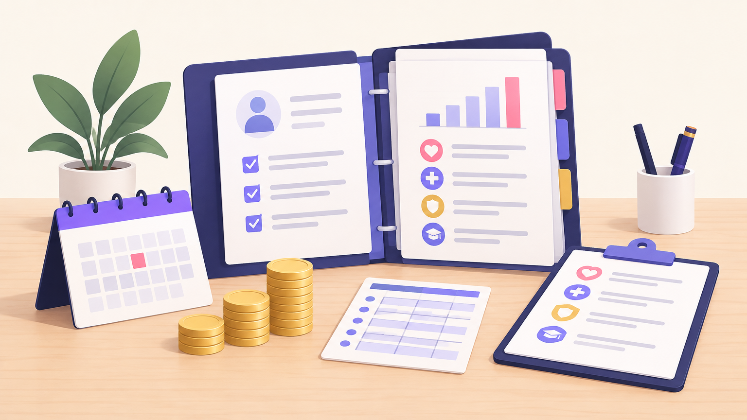Illustration of a payroll folder, calendar, coins and a benefits clipboard on a desk