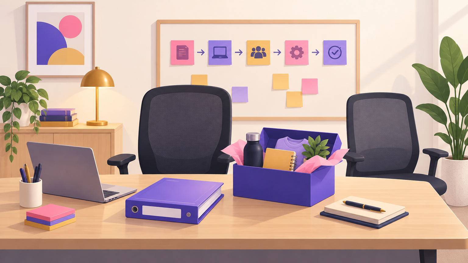 Illustration of a training binder, new hire welcome box and an empty second office chair