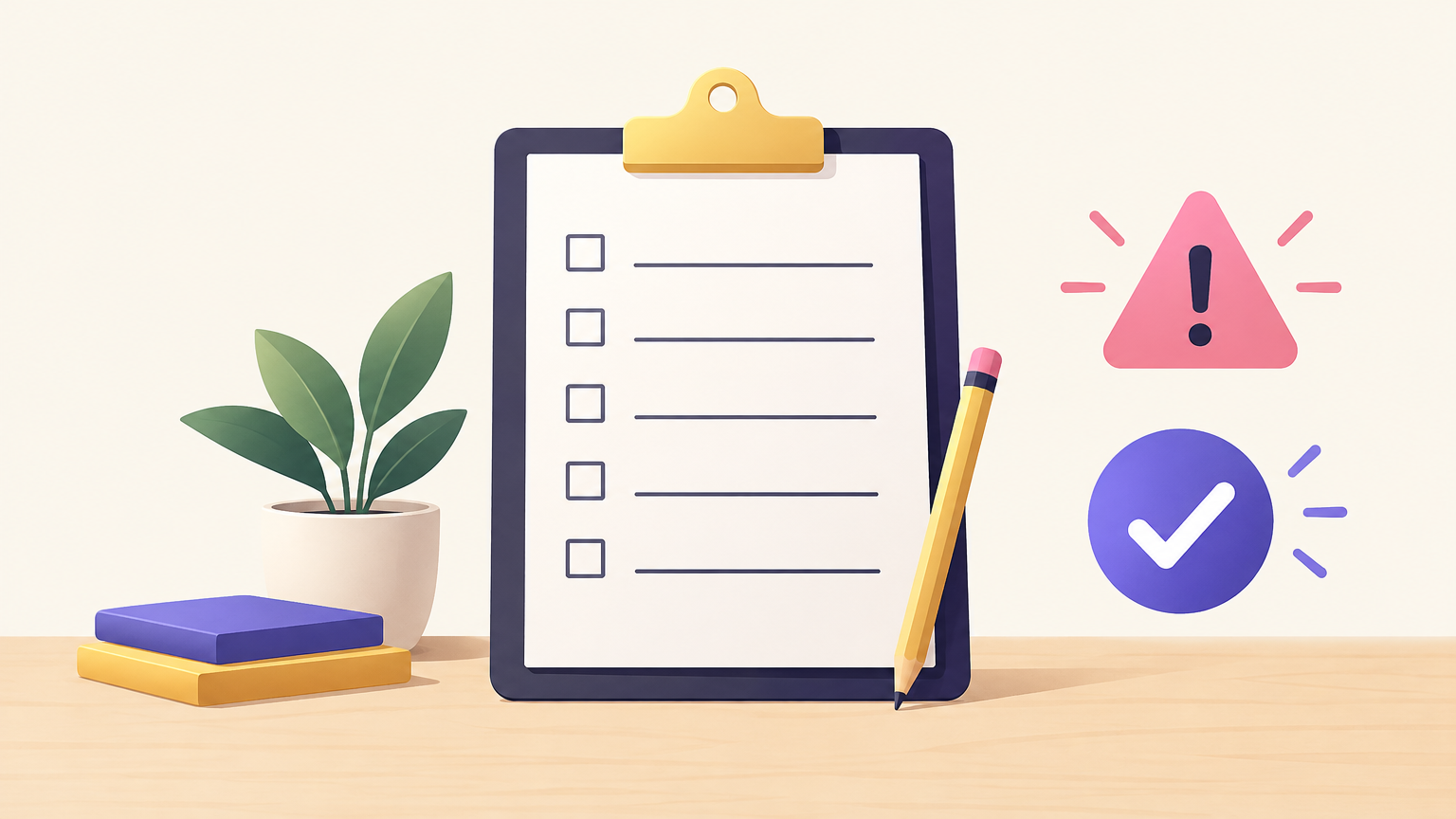Illustration of a checklist on a clipboard with a warning sign and a check mark
