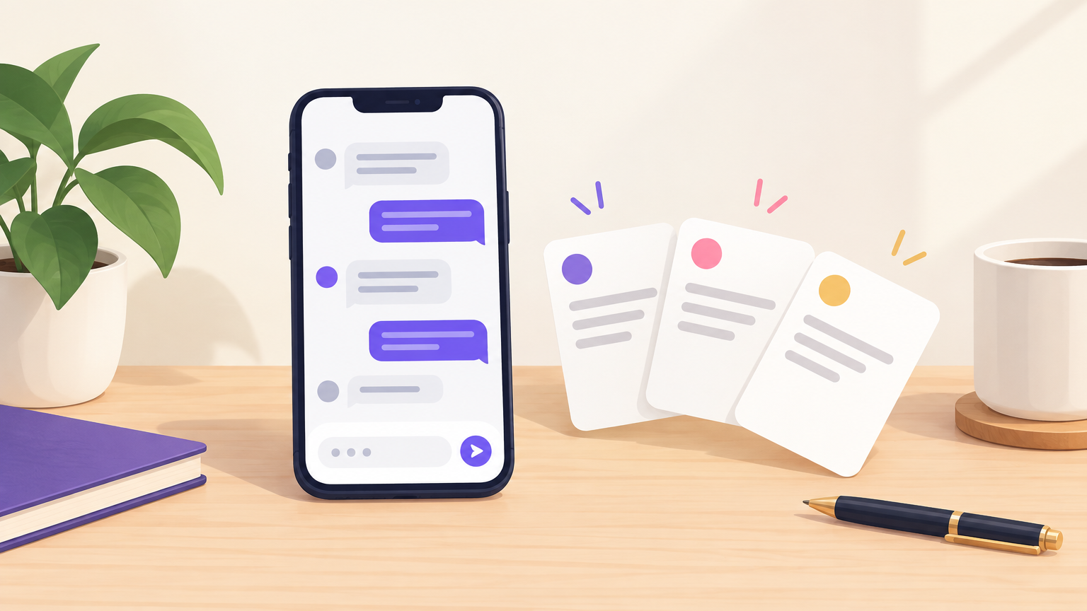 Illustration of a phone with incoming message bubbles and three reply cards beside it