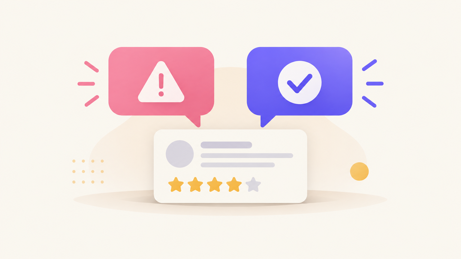 Illustration of two reply bubbles, one with a warning sign and one with a check mark, above a review card
