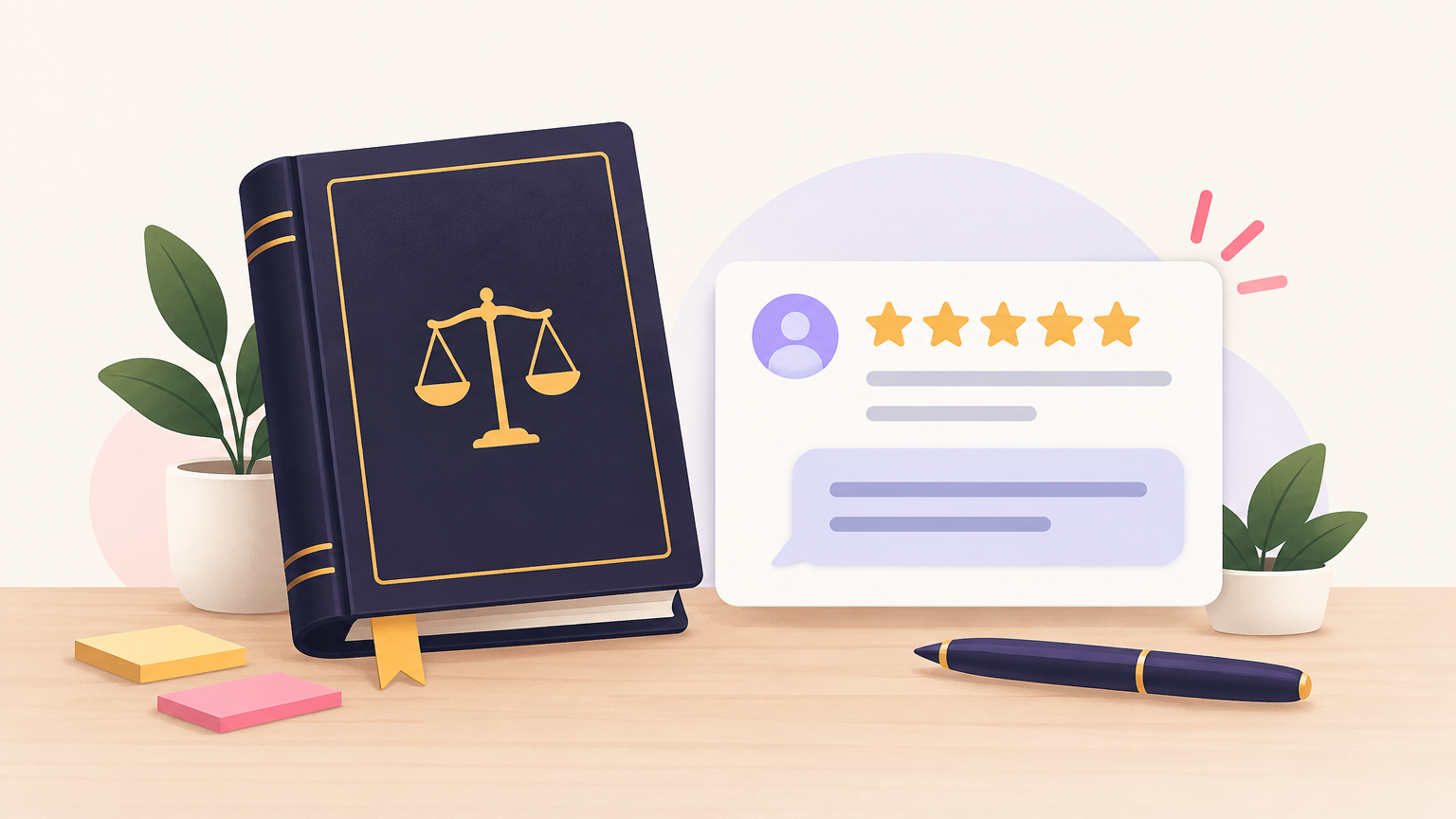 Illustration of a rule book beside a review card with stars and a reply bubble