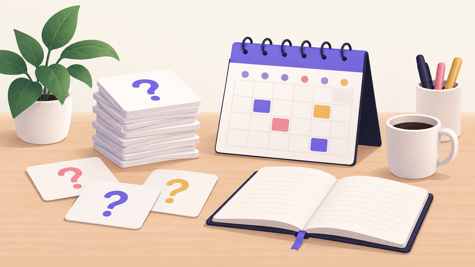 Illustration of question mark cards beside a weekly calendar and an open notebook