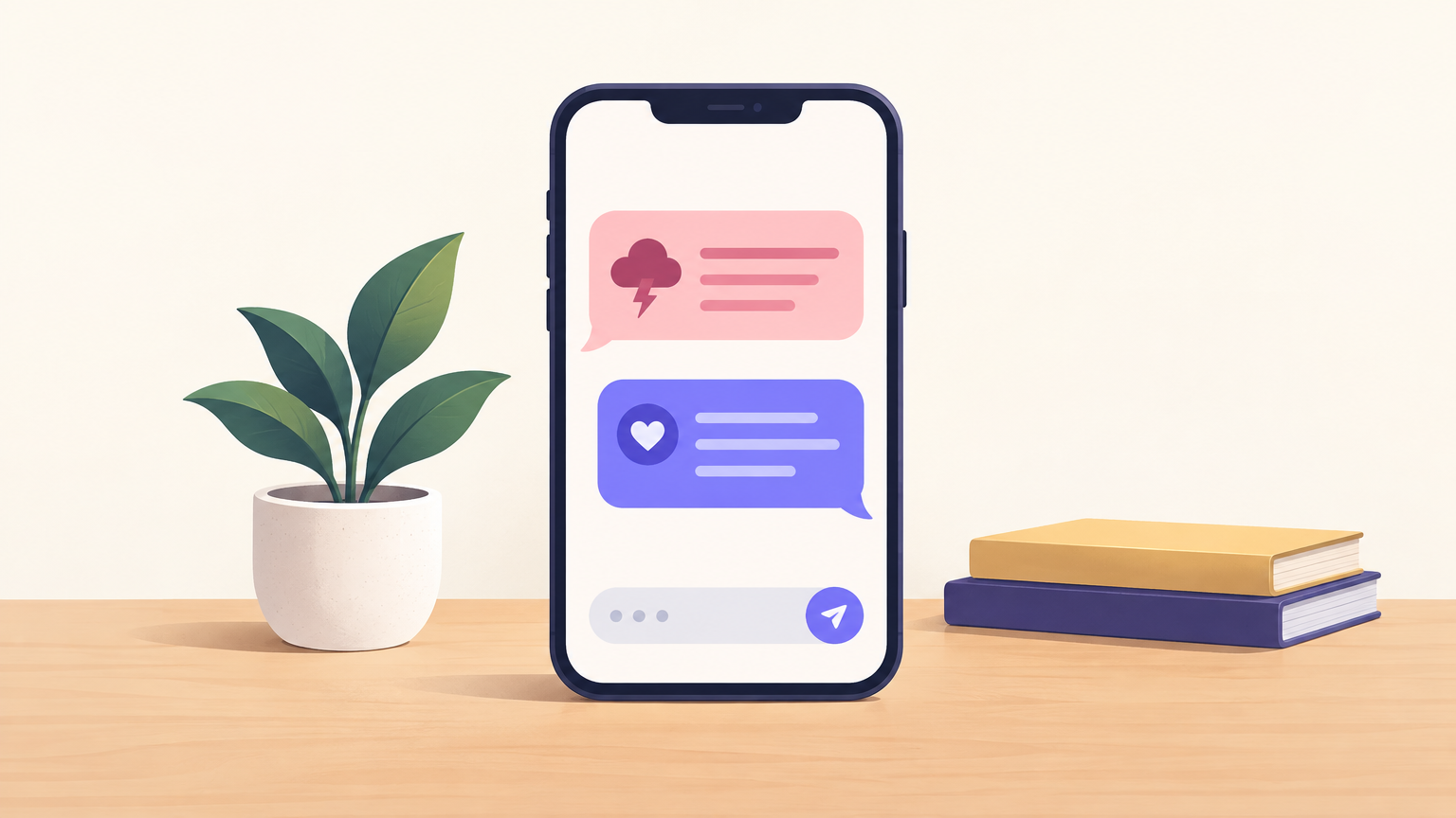 Illustration of a phone chat with a storm cloud bubble and a calm reply bubble