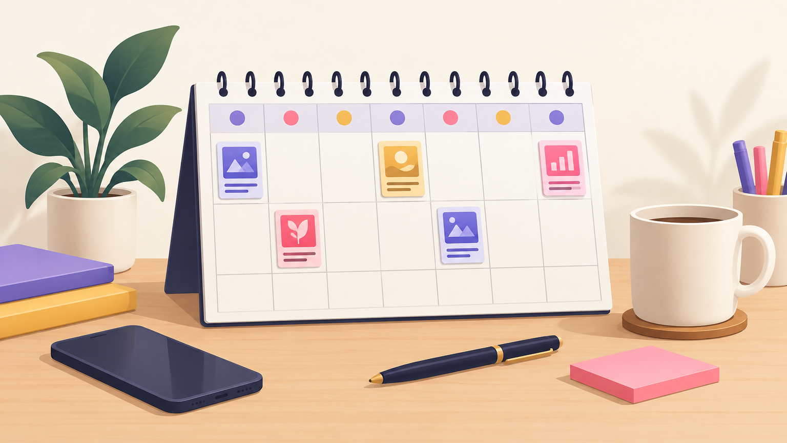 Illustration of a weekly planner with post cards on several days and a coffee mug