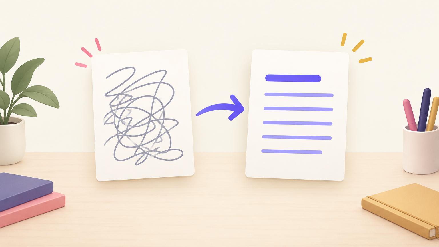 Illustration of a messy draft card and a neat card connected by an arrow