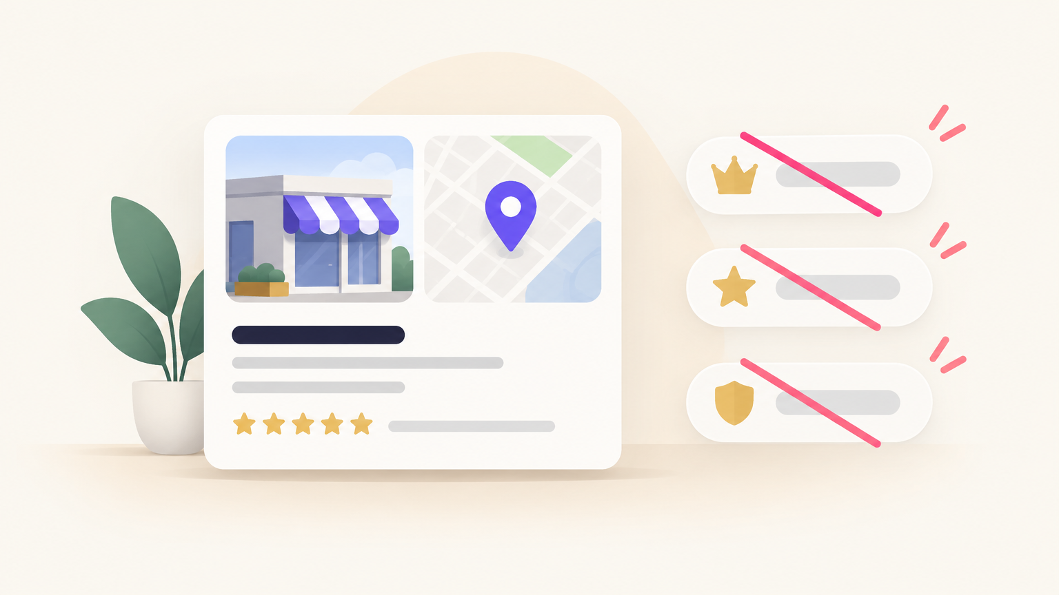 Illustration of a business profile card with a map pin beside crossed out tags