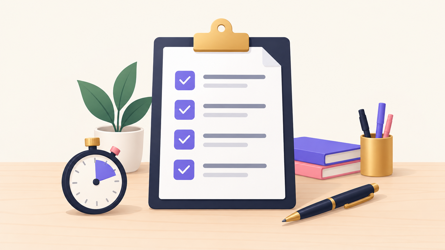 Illustration of a quote on a clipboard with check marks, a stopwatch and a pen