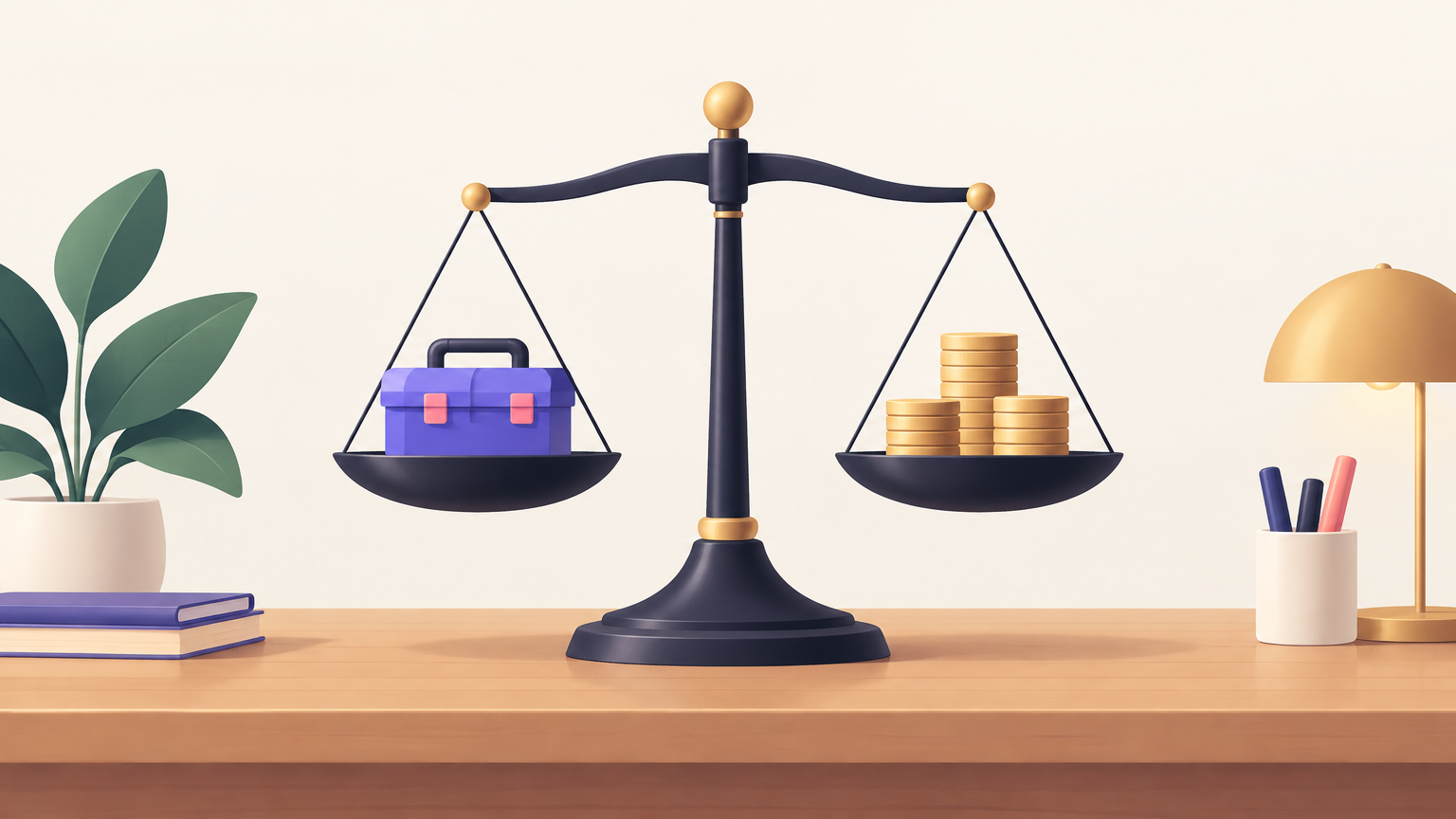 Illustration of a balance scale with a toolbox on one side and coins on the other