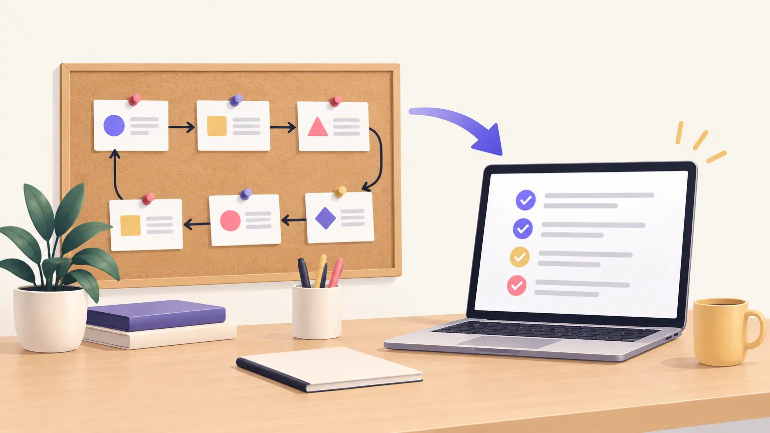 A board of connected process cards next to a laptop showing a checklist of tasks