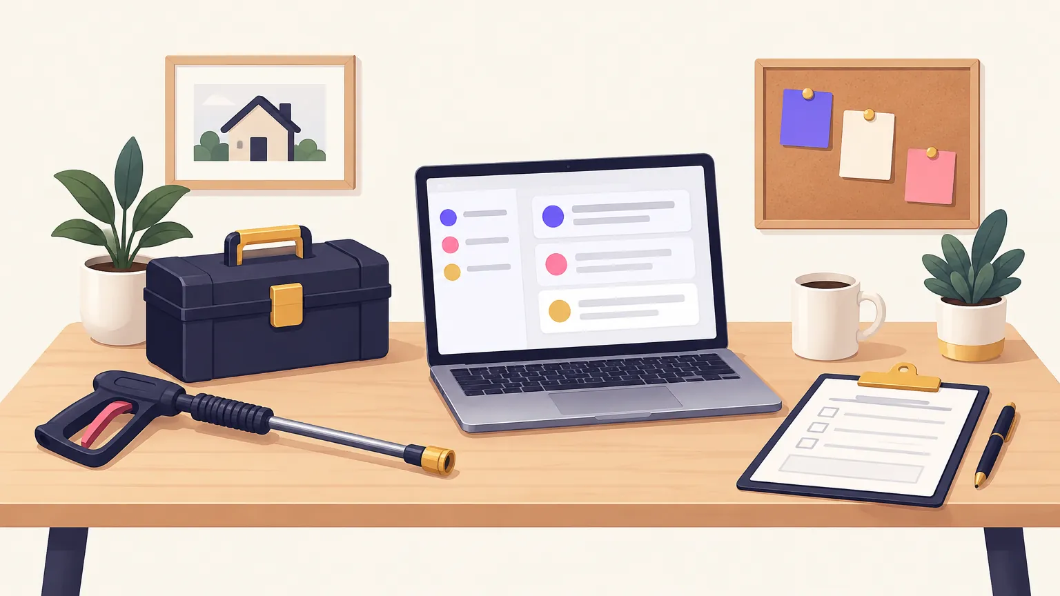 An office desk with a toolbox, a pressure washer wand, a blank estimate on a clipboard and a laptop showing follow-up messages