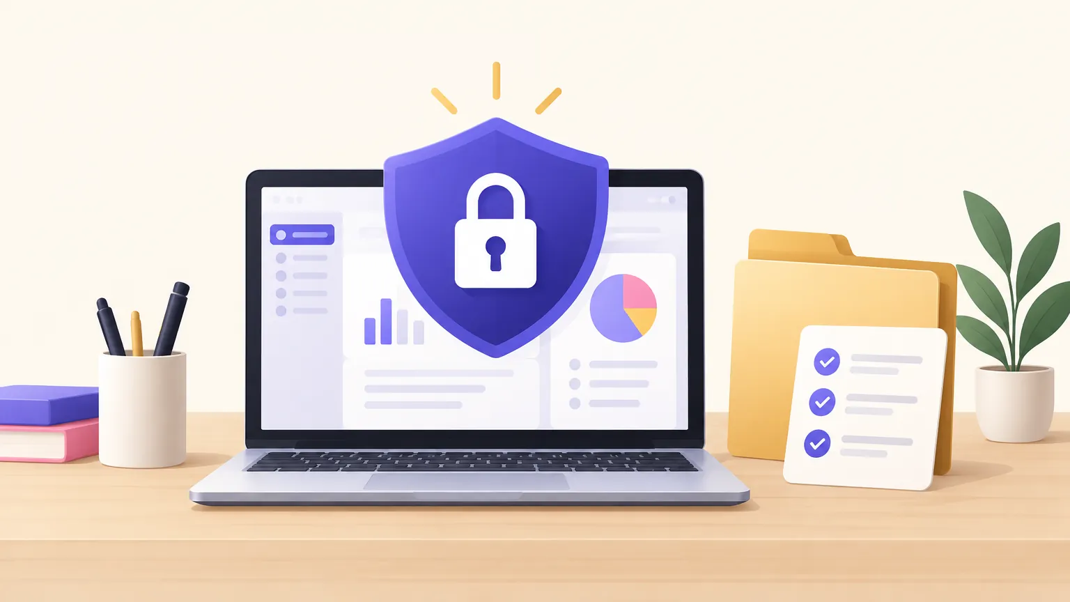 A laptop with a padlock shield over the screen beside a folder and a checklist, showing business data kept private