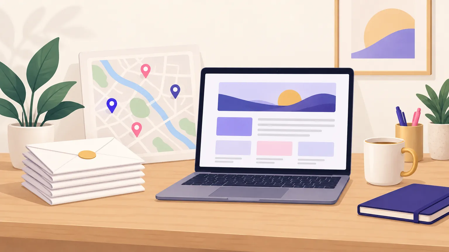 An agency desk with a stack of envelopes, a local map with partner pins and a laptop showing a newsletter layout