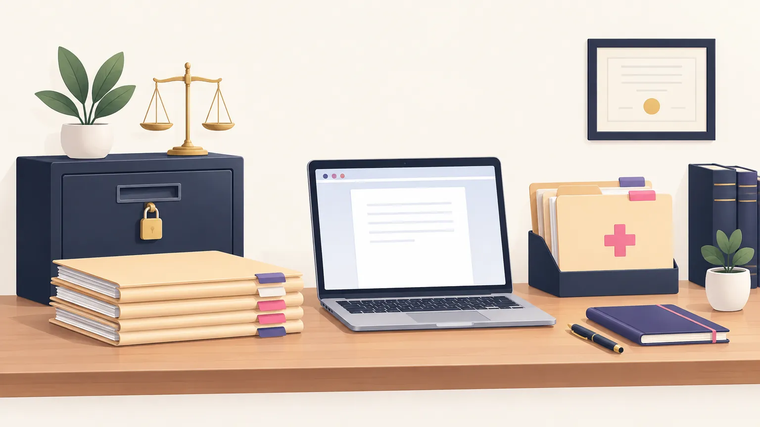 A law office desk with a locked file drawer, case files, a medical records folder and a laptop showing a draft document